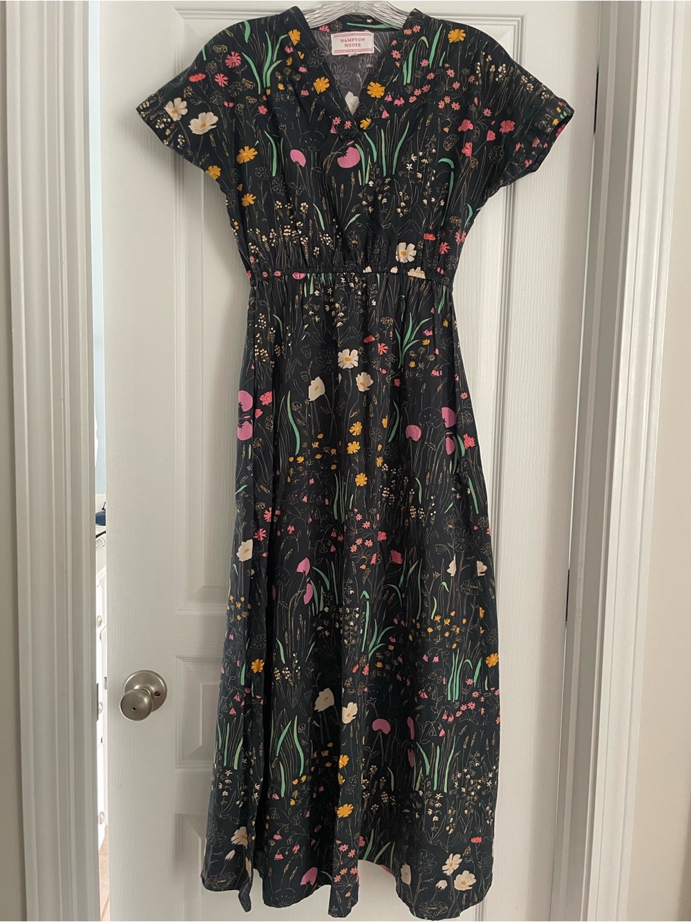 Hampton House Dark Navy Floral Midi Dress with Pink & Yellow Flowers